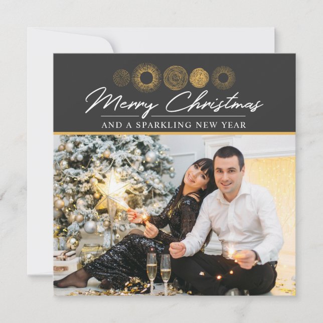 Merry Christmas Retro Gold Burst Photo Greeting Holiday Card (Front)
