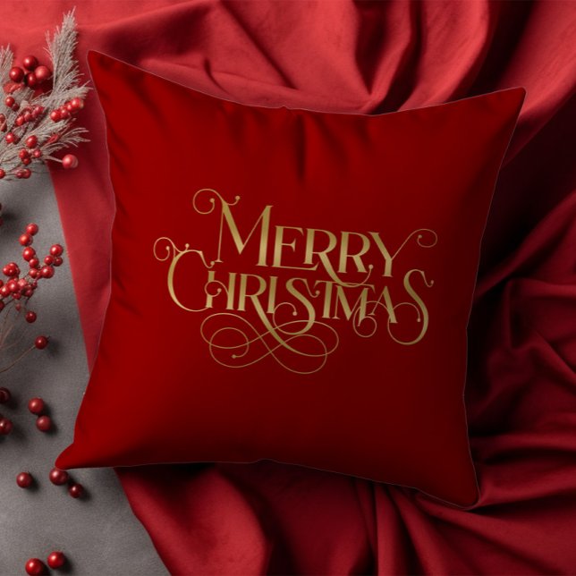 Merry Christmas Retro Gold Typography on Red Cushion (Creator Uploaded)