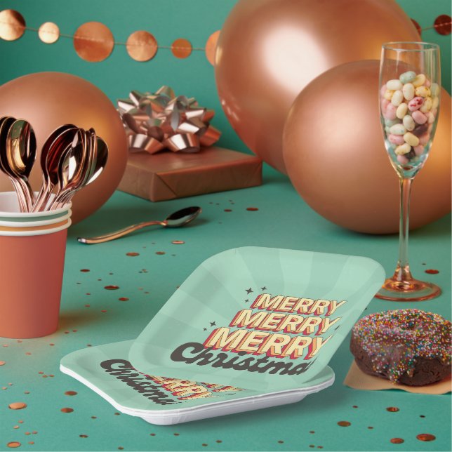 Merry Christmas retro groovy 3d design text Paper Plate (Multi)