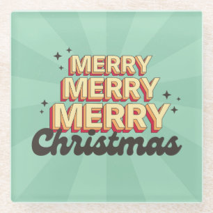 Merry Christmas retro groovy text seasonal Glass Coaster