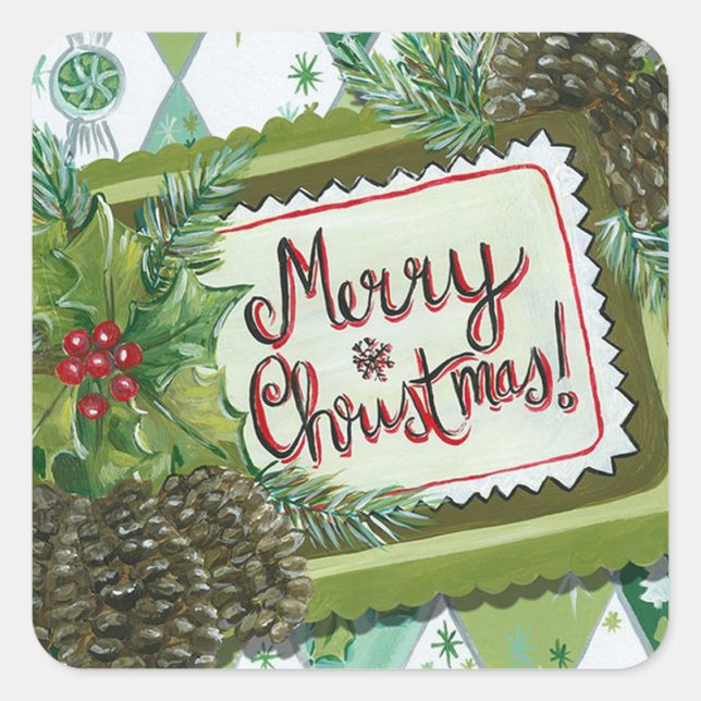 Merry Christmas | Retro Holly & Pine Cones Square Sticker (Front)