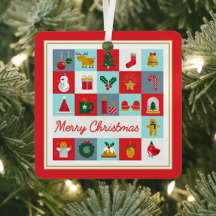 Merry Christmas Retro Icon Grid in Red and Aqua Metal Tree Decoration