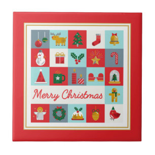 Merry Christmas Retro Icon Grid with Red Frame Tile