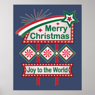 Merry Christmas Retro Marquee – Joy to the World Poster