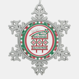 Merry Christmas Retro Marquee – Joy to the World Snowflake Pewter Christmas Ornament
