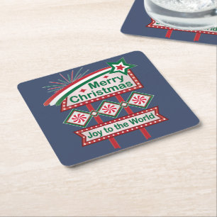 Merry Christmas Retro Marquee – Joy to the World Square Paper Coaster
