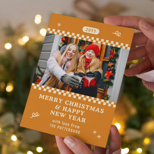 Merry Christmas Retro Orange Photo Personalised Holiday Card