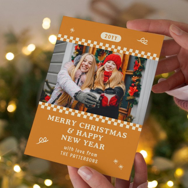 Merry Christmas Retro Orange Photo Personalised Holiday Card (Creator Uploaded)