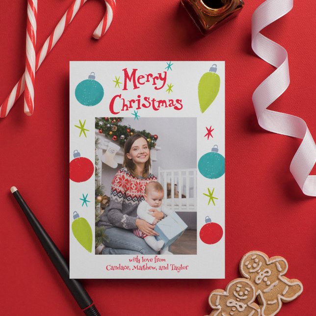 Merry Christmas Retro Ornaments Photo Holiday Card (Creator Uploaded)