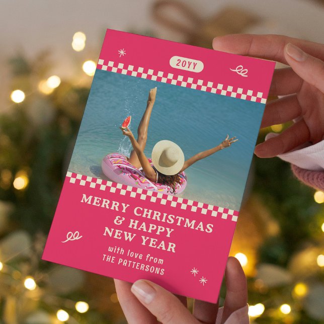 Merry Christmas Retro Pink Photo Personalised Holiday Card (Creator Uploaded)