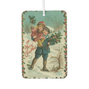 Merry Christmas - retro postcard, children, holly Car Air Freshener