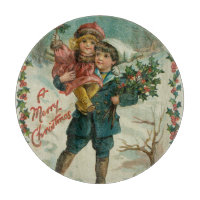 Merry Christmas - retro postcard, children, holly