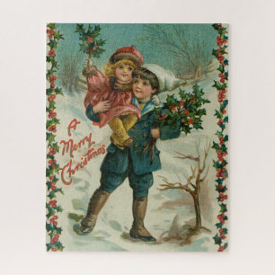 Merry Christmas - retro postcard, children, holly Jigsaw Puzzle