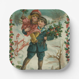 Merry Christmas - retro postcard, children, holly Paper Plate