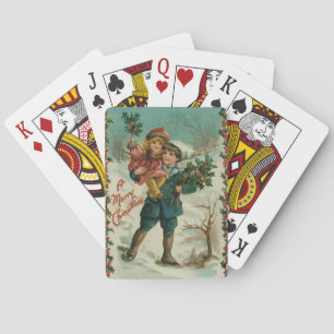 Merry Christmas - retro postcard, children, holly Playing Cards