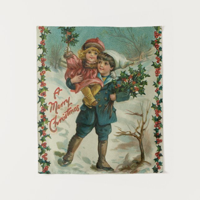 Merry Christmas - retro postcard, children, holly Tapestry (Front)