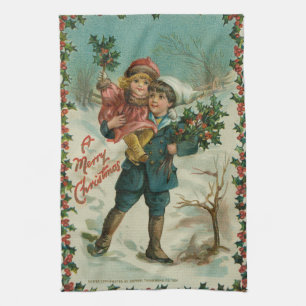 Merry Christmas - retro postcard, children, holly Tea Towel