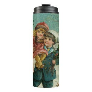 Merry Christmas - retro postcard, children, holly Thermal Tumbler