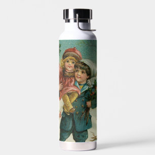 Merry Christmas - retro postcard, children, holly Water Bottle