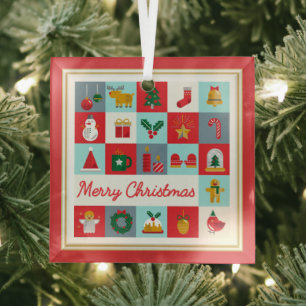 Merry Christmas Retro Red Aqua Icon Chequerboard Glass Tree Decoration
