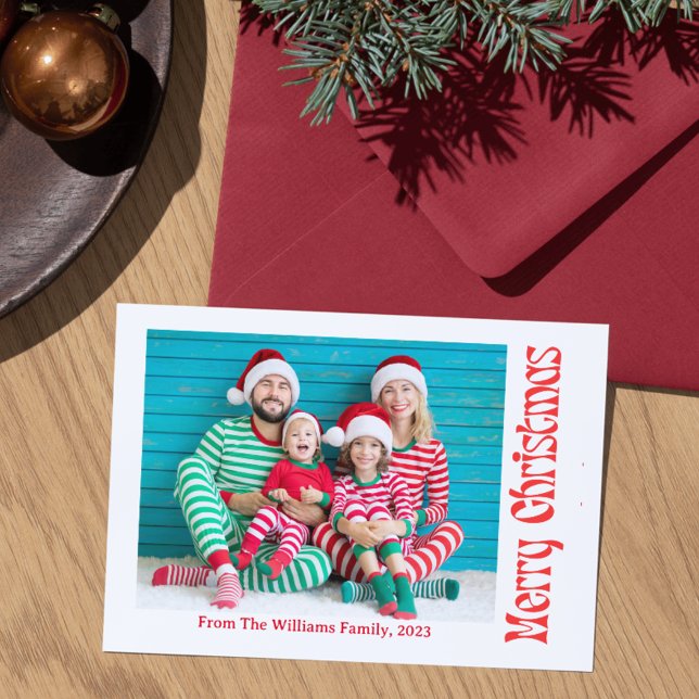 merry christmas retro red script holiday photo  card (Creator Uploaded)