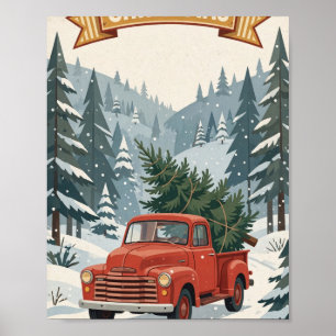 Merry Christmas — Retro Red Truck with Tree Poster