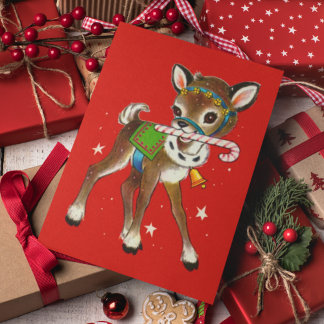 Merry Christmas | Retro Reindeer Candy Cane Holiday Postcard