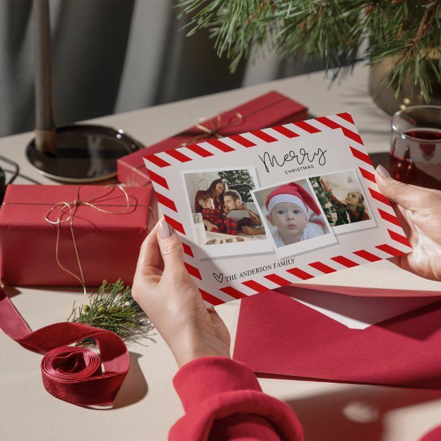 Merry Christmas Retro Script 3 Photo Candy Cane (Merry Christmas Retro Script — 3-Photo Holiday Card)