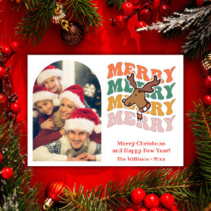 merry christmas retro script family arch photo holiday card