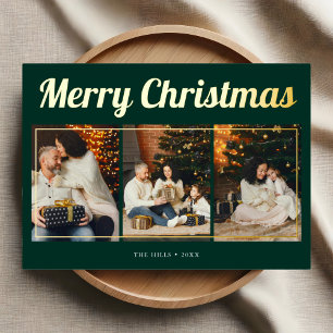 Merry Christmas Retro Script Photo Green