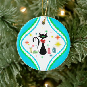 Merry Christmas Retro Siamese Cat Ceramic Tree Decoration