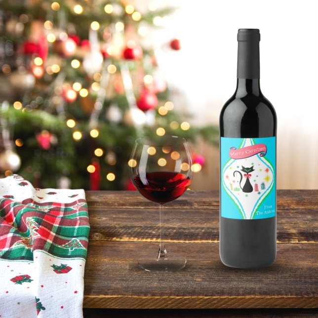 Merry Christmas Retro Siamese Cat Name Wine Label (Creator Uploaded)