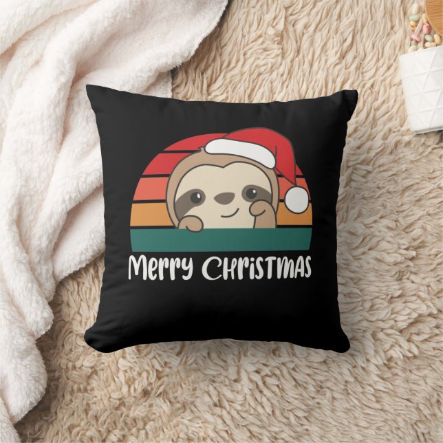 Merry Christmas Retro Sloth Christmas Throw Pillow (Blanket)
