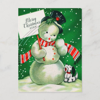 Merry Christmas | Retro Snowman Holiday Postcard