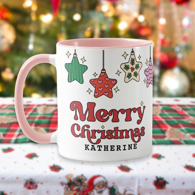 Merry Christmas Retro Star Ornaments Custom Mug (cute custom retro merry christmas mug featuring star ornaments)