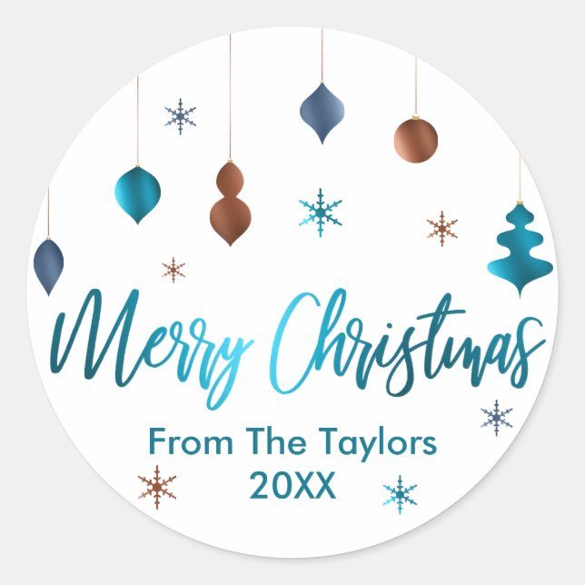 Merry Christmas Retro Teal Copper Navy Decor Classic Round Sticker (Front)
