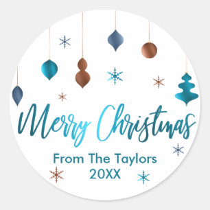 Merry Christmas Retro Teal Copper Navy Decor Classic Round Sticker