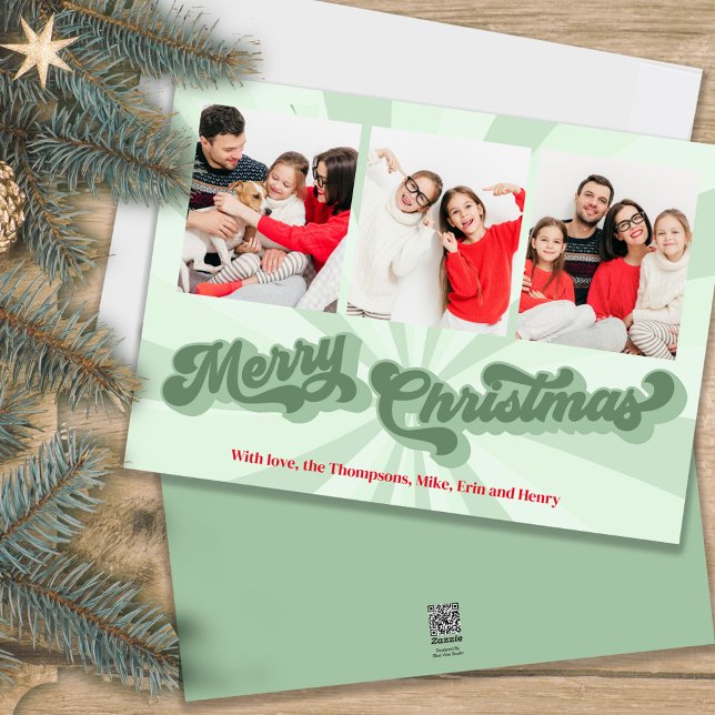 Merry Christmas Retro Typography Multi Photo Green Holiday Card (A retro-style green holiday 5x7 photo card with creative fun typography)