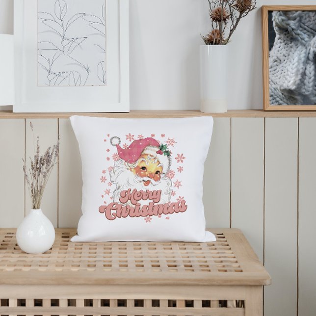 Merry Christmas Retro Typography Santa Pink Hat Cushion (Creator Uploaded)