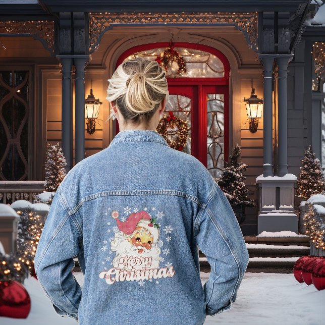 Merry Christmas Retro Typography Santa Pink Hat Denim Jacket (Creator Uploaded)