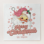 Merry Christmas Retro Typography Santa Pink Hat Jigsaw Puzzle<br><div class="desc">Merry Christmas pink retro typography with a santa claus with a pink hat.</div>