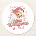 Merry Christmas Retro Typography Santa Pink Hat Round Paper Coaster<br><div class="desc">Merry Christmas pink retro typography with a santa claus with a pink hat.</div>