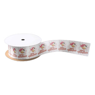Merry Christmas Retro Typography Santa Pink Hat Satin Ribbon
