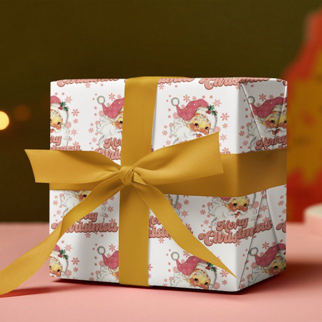 Merry Christmas Retro Typography Santa Pink Hat Wrapping Paper (Creator Uploaded)