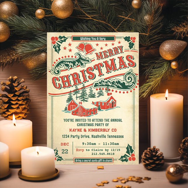 Merry Christmas Retro Vintage Rustic Invitation (Creator Uploaded)