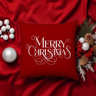 Merry Christmas Retro White Typography on Red Cushion