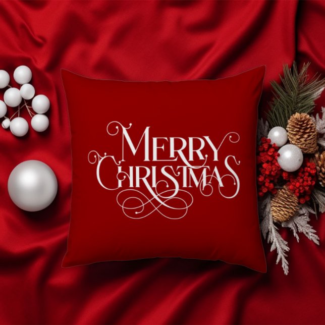Merry Christmas Retro White Typography on Red Cushion (Creator Uploaded)