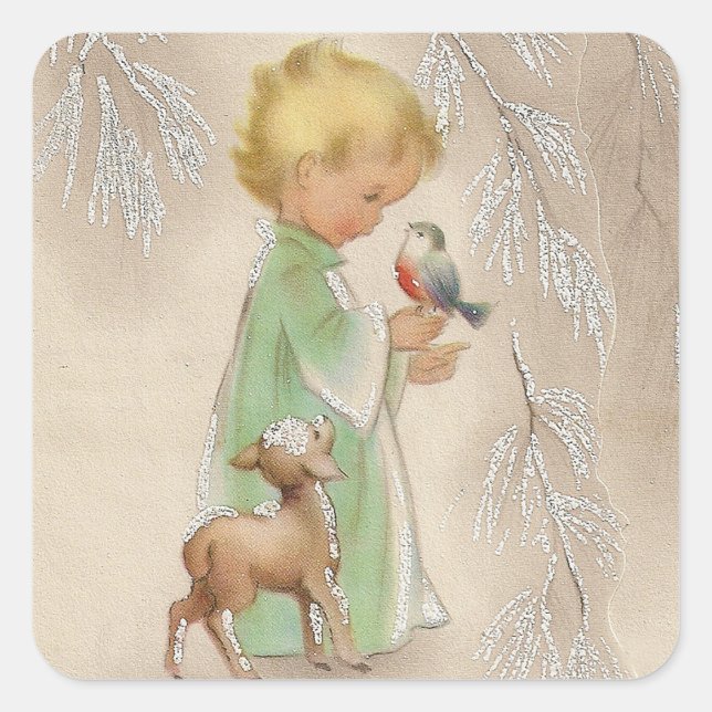 Merry Christmas | Retro Winter Child With Friends Square Sticker (Front)