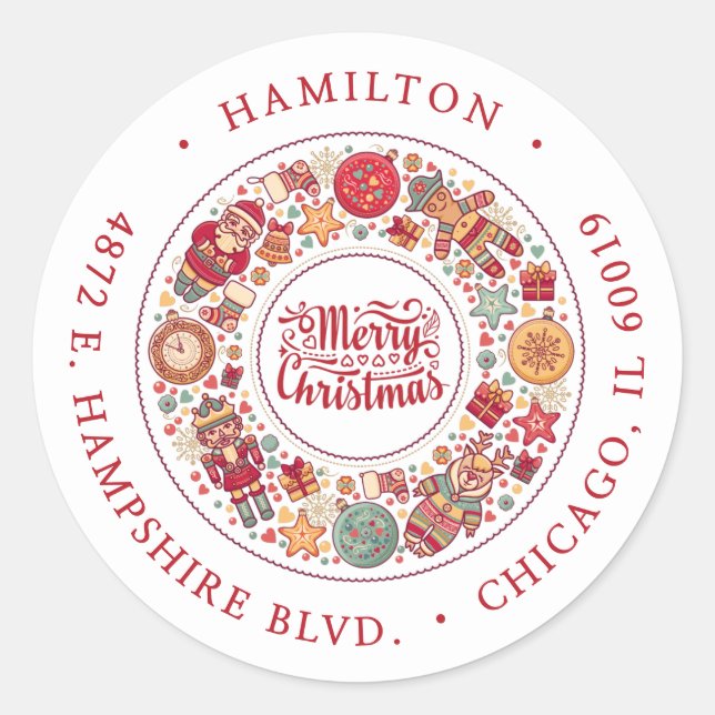 Merry Christmas Return Address Classic Round Sticker (Front)