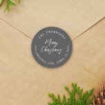 Merry Christmas Return Address Script Minimalist Classic Round Sticker<br><div class="desc">A Green Snowflake pattern with green against a grey background. Christmas holiday modern return address, a simple traditional merry Christmas, classic grey white chic typography, minimalist, with a minimal trendy stylish winter contemporary style, modern hand lettering script font, whimsical typography template, classic family name calligraphy, Christmas holiday greeting invitation, Christmas...</div>